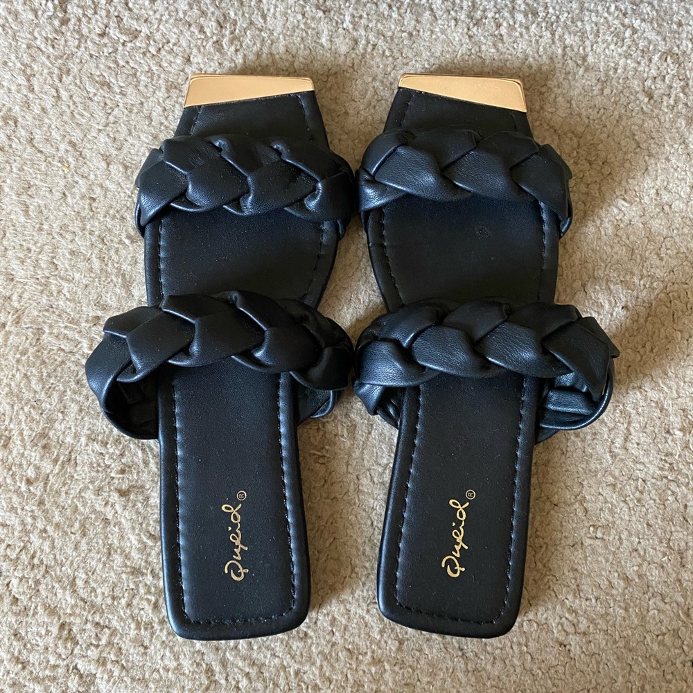 Qupid square open toe black sandals with gold tip & double strap for women